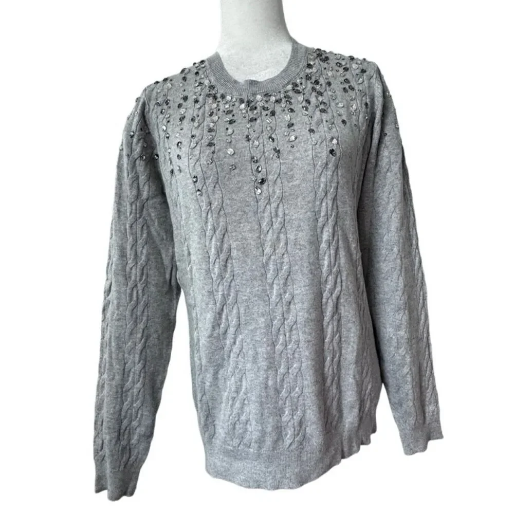 Isaac Mizrahi Live Gray Sweater Cable Knit Gemstone QVC Cardigan Size Small